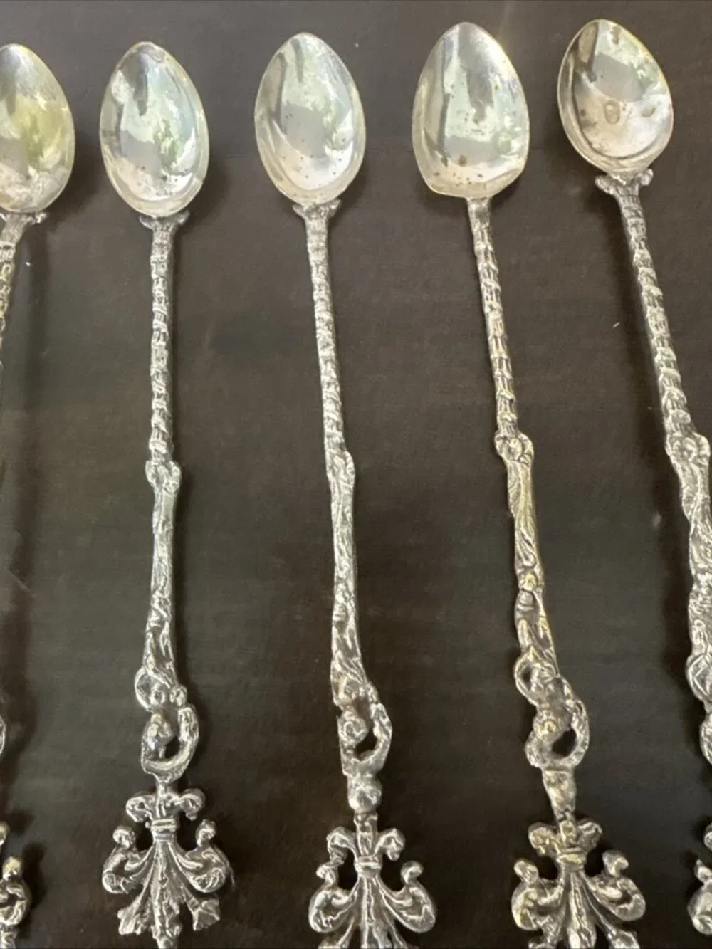 Set of 5 Montagnani Style Italy Figural Demitasse Spoons Ornate Vintage 7.75